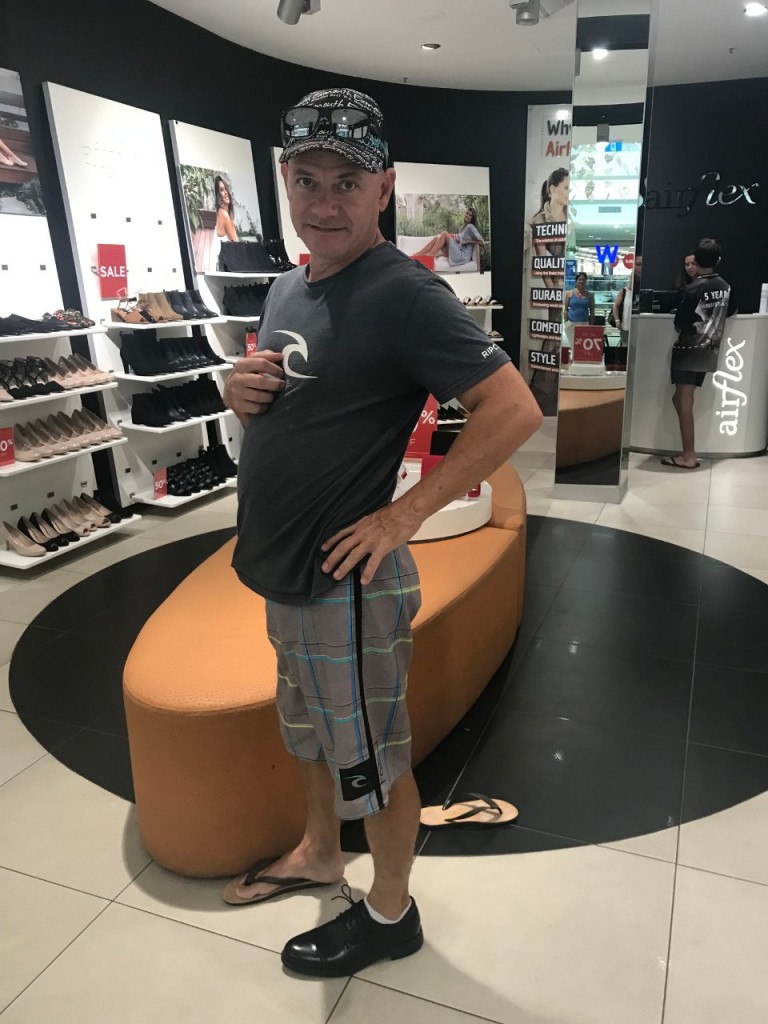 Col posing in his new work shoes, Casuarina Shopping Centre, Darwin NT