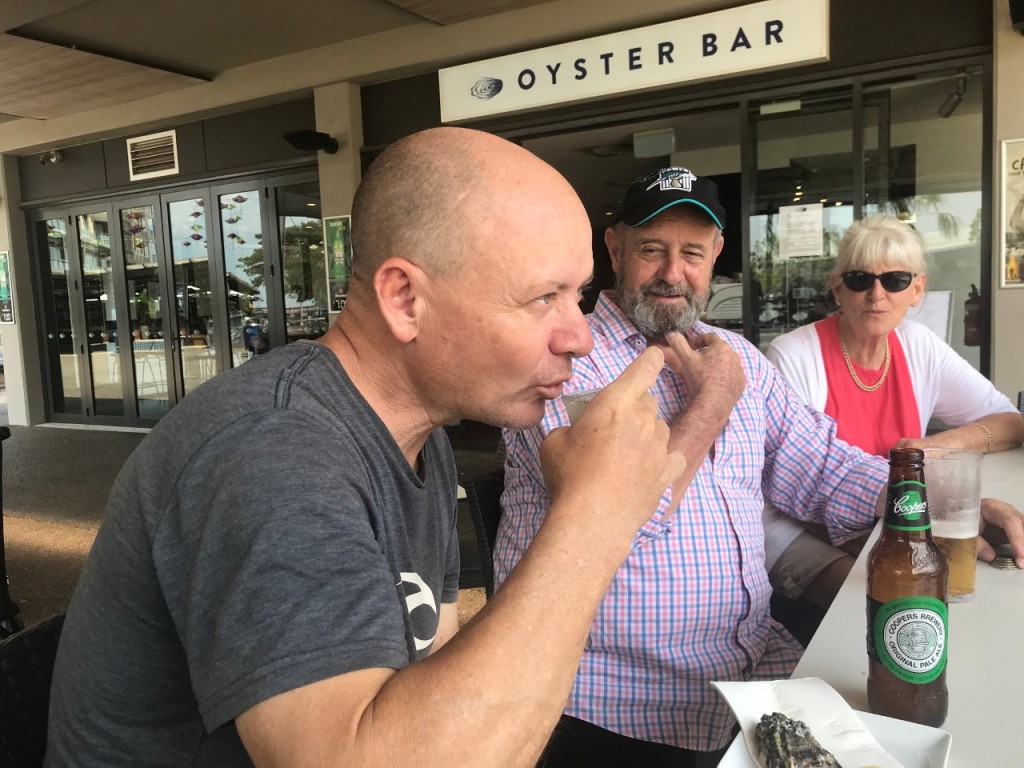 Col having a Tequila Oyster Shot, Oyster Bar, Waterfront, Darwin NT